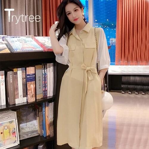 Trytree 2020 Summer Women Dress Turn-down Collar Patchwork Pockets Half Sleeve Belt Solid 2 Color A-line Fashion Elegant Dress