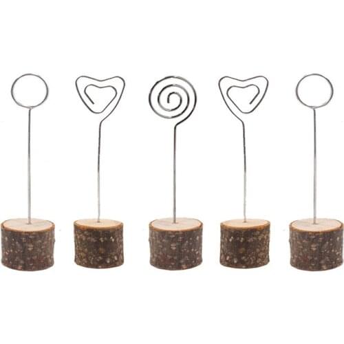 5Pcs Table Name Number Photo Holders with Swirl Wire Wood Food Cards Label Stands Paper Note Sign Wedding Party Favor Decoration