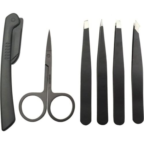 6Pcs Professional Stainless Steel Eyebrow Tweezers Set Hair Slant Tool Eyebrow Clip Stickers with Case Makeup Tool Set