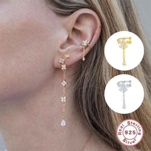 Aide 100% 925 Sterling Silver Daisy Flower Clip Earrings With Water drop Zircon Crystal long Ear Clip Gold Silver Ear Stud 1PC