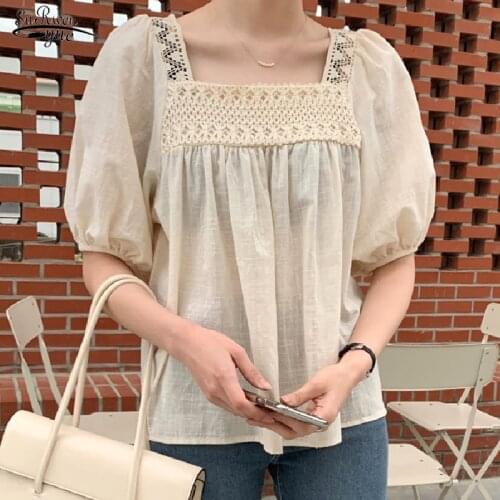 Summer Korean Chic Square Collar Tops Women Short Sleeve Women Shirt Hollow Lace Splicing Vintage Blouse Female Blusas New 15342