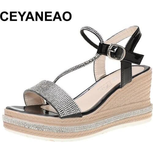 CEYANEAOWomen Shiny Crystal Chunky Wedges Shoes Fashion Ankle Strap Platform Sandals Woman 2021 Outdoor Beach Sandalias Mujer