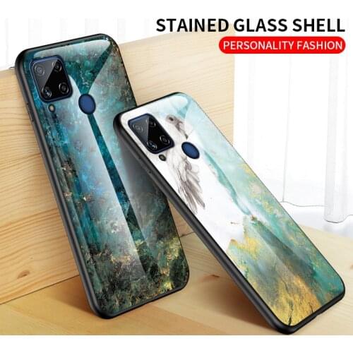 KEYSION Tempered Glass Case For Realme C15 Case Marble Texture Case TPU Back Cover For Realme C15 Fashion Gradation Phone Cover
