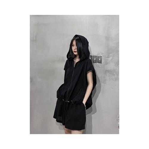 Black Sports Casual Fried Street set womens loose shorts and hats sunscreen two-piece Fashion Hoodie set early autumn