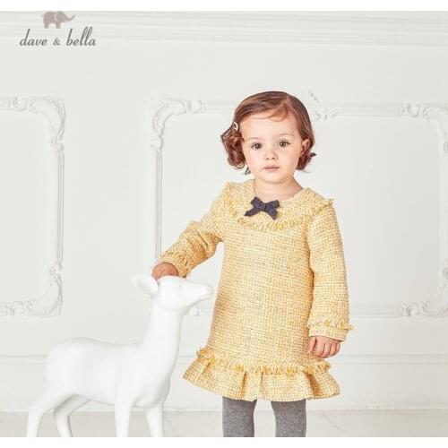 DB14476 dave bella autumn baby girls cute bow draped dress children fashion party dress kids infant lolita clothes