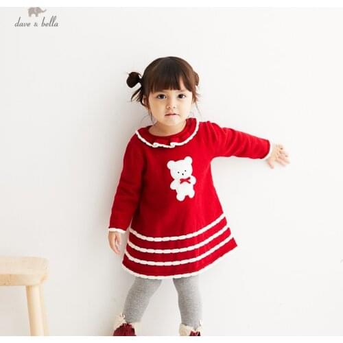 DBS19715 dave bella autumn baby girls cute bow cartoon sweater dress children fashion party dress kids infant lolita clothes