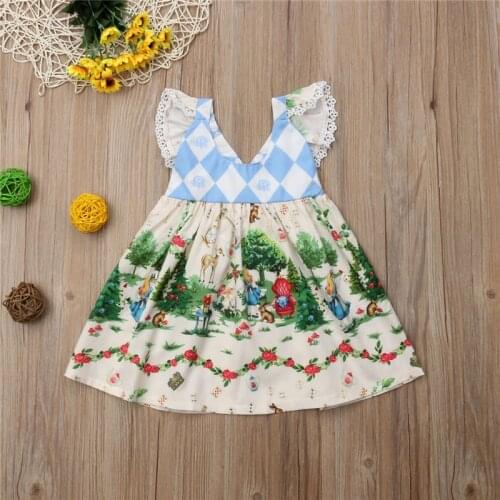 1-6Y Infant Kid Baby Girls Cartoon Fairy Tale Print Dress Princess Party Tutu Dresses Cartoon Alice and Mr. Rabbit Clothing