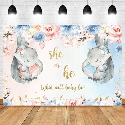 Elephant Gender Reveal Backdrop Pink or Blue Boy or Girl Flowers Photo Background Baby Shower Dessert Table Decorations Props