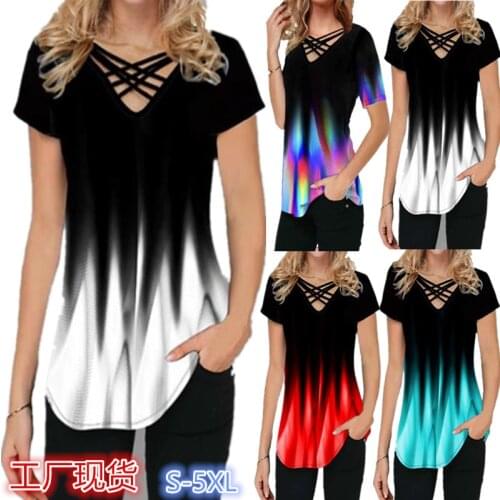 Summer Womans Gradient Print Casual Short Sleeve V Neck T-shirt Top Streewear Shirt Clothes TShirts Women Clothing