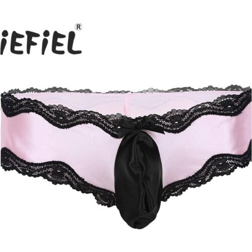 IEFiEL Hot Sexy Mens Lingerie Lacework Underwear Sissy Thong Enhance Bulge Pouch Bikini Briefs Pants Mens Underwear Man Panties