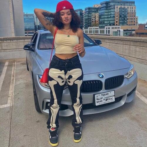 Hirigin Skull Print Cyber Ghetto Baddie Clothes Denim Jeans Street Style Zip Up Mid Waist Women Pants Urban Style Vintage 2021