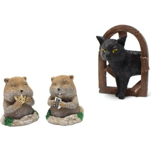 Simulation Black Cats with Gophers Garden Statue Ornament Cute Cartoon Pastoral Courtyard Sculpture Decoration Gardening