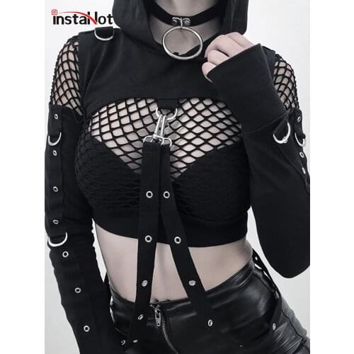 InstaHot Black Cold Shoulder Hooded Hoodies Women Gothic Sexy Autumn Long Sleeve Crop Tops Lady Cool Chain Fashion Clothes Loose