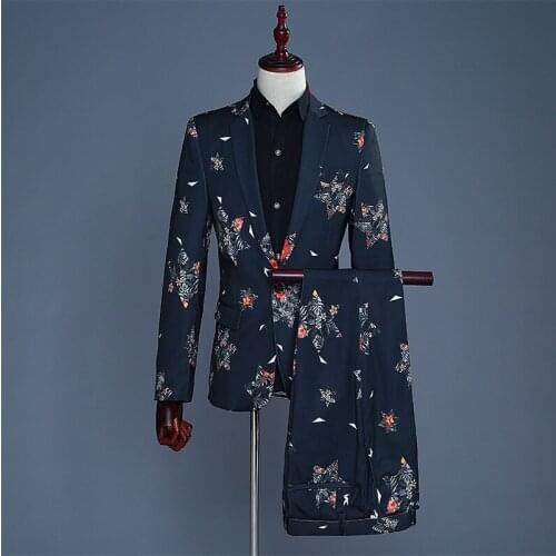 2 Piece Set Slim Fit Suit Men Floral Wedding Tuxedo Suits Men Stage Singer Perform Costume Homme Party Prom Dress Suit Male XXL