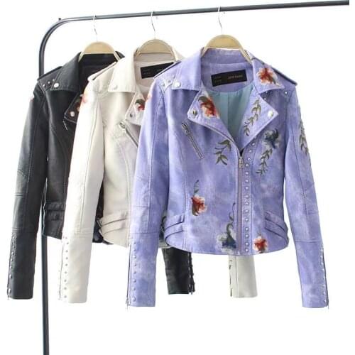 Leather Jacket Women New Flower Embroidery Jacket Women Rivet Zipper Design Soft Leather Motorcycle Jacket Wild Slim Short Coat