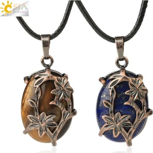 CSJA Oval Natural Crystal Quartz Pendant Necklaces Carved Flower Leaf Hollow Locket Pendants for Female Retro Charm Jewelry G601