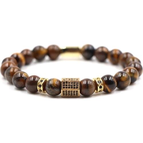 Personality Micro Inset Zircon Skull Gold Alloy Accessories Jewelry High Quality Tiger Eye Stone Unisex Beads Bracelet Bangle