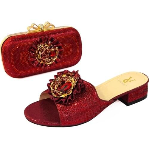 2021 New Design Italian Lady Shoes Matching Bag in Wine Color Slingbacks Sandals with Low Heels for Party