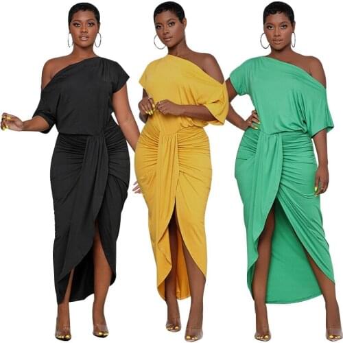 Oblique Shoulder Slim Irregular Long Dress, One-step Skirt Temperament Commuter Dress Plus Size Ruched Dress Elegant