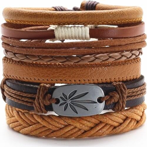 New 5 Pcs/set Gothic Punk Woven Maple Leaf Feather Star Wing Rivets Charm Leather Bracelets Men Women Homme Femme Male Jewelry