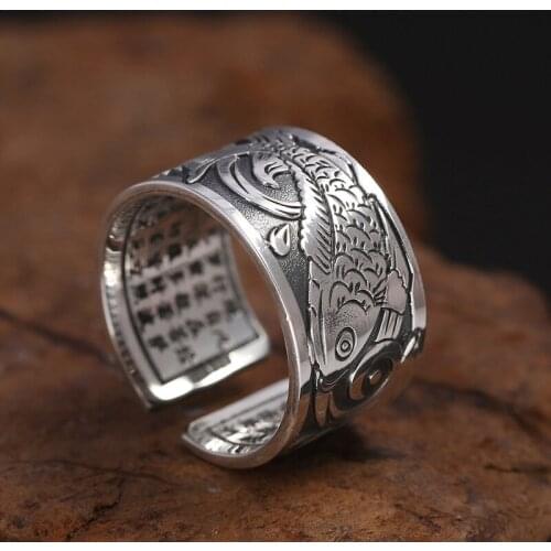 Wholesale S999 fine silver jewelry silver heart sutra ring man wide version carp tail ring retro Thai silver rings