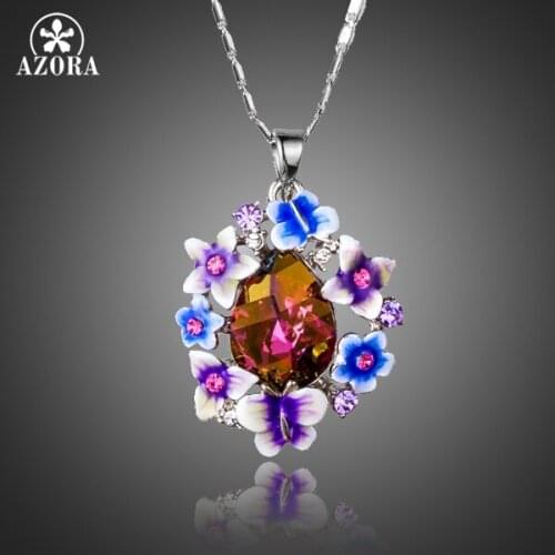 AZORA Multicolour Gorgeous Flower Butterfly Stellux Austrian Crystal Oil Painting Pattern Water Drop Pendant Necklace TN0175