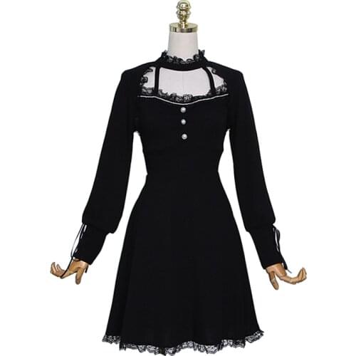 PERHAPS U Black Lace Ruffle Dress Button Long Sleeve A Line Elegant Mini Dress Women Spring Summer D3086