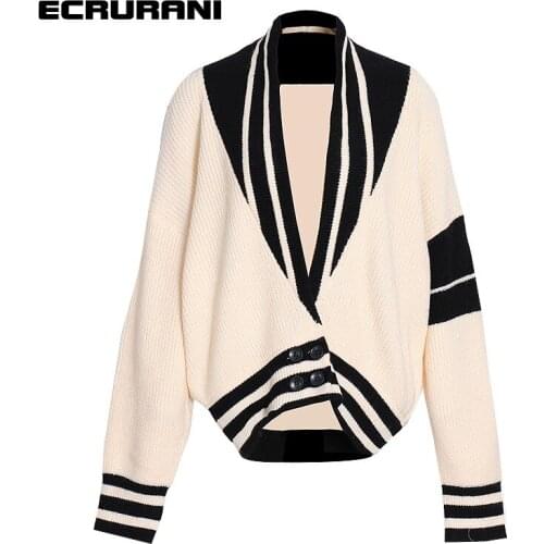 ECRURANI Patchwork Casual Coat For Women V Neck Lantern Long Sleeve Hit Color Button Coats Female 2021 Summer Clothing New Style