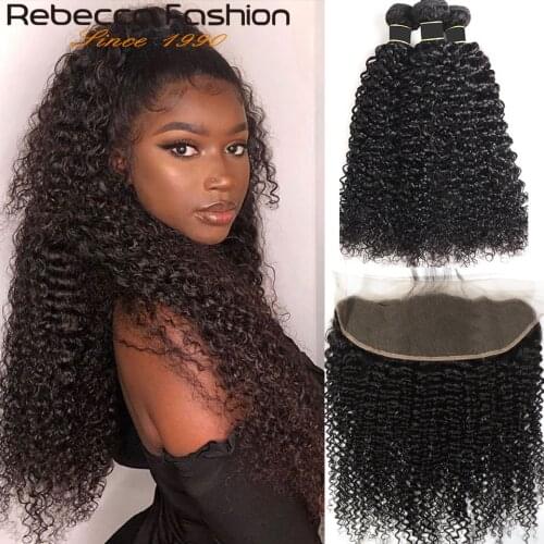 Rebecca Kinky Curly Hair Bundles With Frontal Curly Human Hair 3 Bundles With Closure Brazilian Hair Weave Bundles With Closure