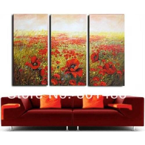 Hand Painted Red poppy field oil painting on canvas 3 panel wall art picture for modern decor drop shipping And wholesale