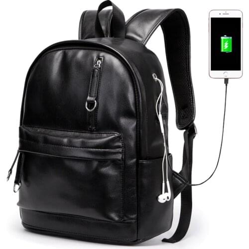 Brand Mens Backpack PU Leather Waterproof USB Charging Backpack Multifunctional 14 inch Laptop Bag Travel Bag