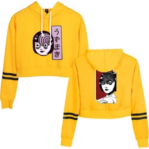 Japan Horror Comic Junji Ito Crop Top Hoodie for Girls Harajuku Cropped Sweatshirt Streetwear Hip Hop Long Sleeves Pullover Tops