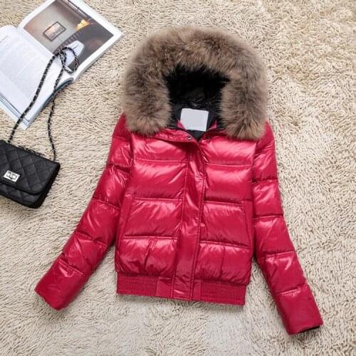 Female Slim Casual Down Outerwear New Winter Women Real Raccoon Fur Collar White Duck Down Hooded Jacket Short Coats