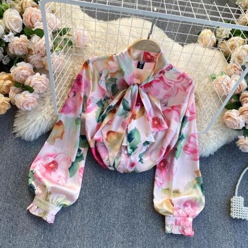 Womens Spring autumn long sleeve print Shirt Female High Waist vintage bow collar casual blouse Tees Tops TB1525
