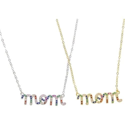 Mother women fashion Pendant necklaces 925 sterling silver gold filled rainbow colorful CZ mom letter simpe trendy jewelry gift