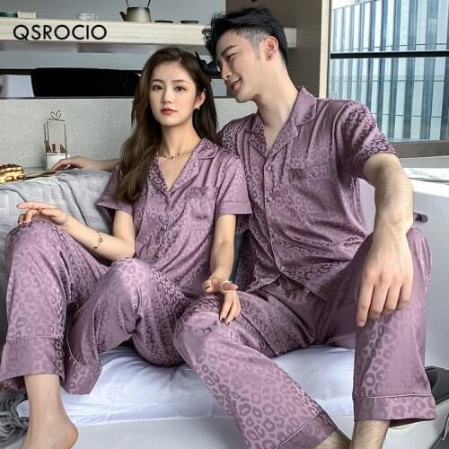 QSROCIO Womens Pajamas Set Fashion Leopard Lovers Sleepwear Couple Nightwear Silk Like Female Male Home Clothes Suit for Men
