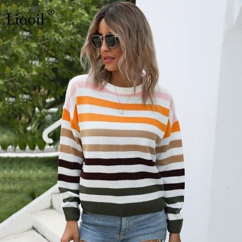 Liooil Patchwork Striped Knit Sweater Women 2020 Color Block Long Sleeve O Neck Female Autumn Winter Pullovers And Jumpers