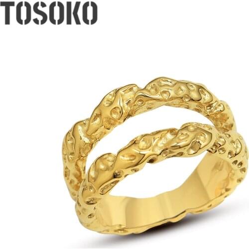 TOSOKO Stainless Steel Jewelry Pleated Texture Double Layer Ring 18 K Golden Womens Fashion Ring BSA225