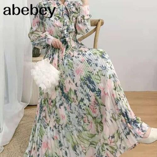 2021 New Summer Women Bohemian long sleeve Dress lace up bow high waist pleated print A-line big skirt Dress