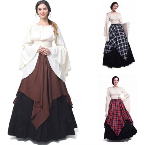 Renaissance Mediaeval Dress Women Ruffle Vintage Gothic Irregular Splicing Dresses Victorian High Waist Fashion Cosplay Costume