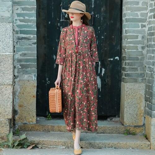 Women Cotton Linen Loose Casual Dress New 2021 Spring Arts Style Vintage Floral Print Ladies Elegant A-line Long Dresses S3516