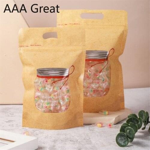 100Pcs/Lot Fashionable Kraft Paper Gift Bag With Handle Christmas Brown Packing Bags Zipper Food Storage Candy Stand Up Pouches