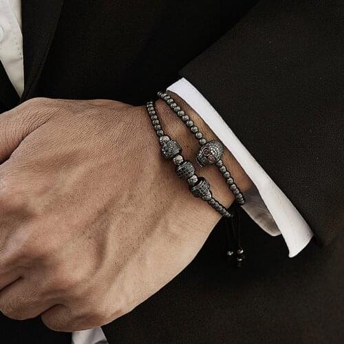 2 Pcs/ Set Fashion Skull Head Tube Charm Men Bracelet Luxurious 4mm Adjustable Weave Bead Men Bracelet Set Jewelry Gift