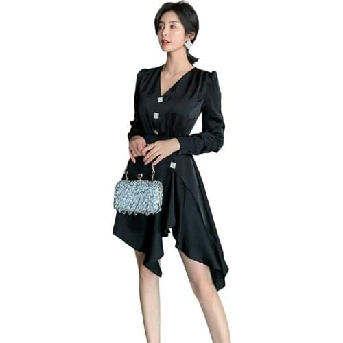 Black Elegant Bodycon Dress Women Long Sleeve Singer Breasted Asymmetrical Sexy Club Dresses Woman Sheer Runway Dress 2020 Robe