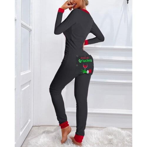 Women Letter Graphic Print Functional Buttoned Flap Adults Pajamas One Piece Jump Suit Sexy Long Sleeve Female Clothing Homewear