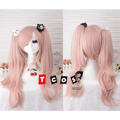 Junko Enoshima Light Pink Cosplay Hair Wig Danganronpa Dangan Ronpa Heat Resistance Fiber With Chip Ponytails + Bear Hairpins