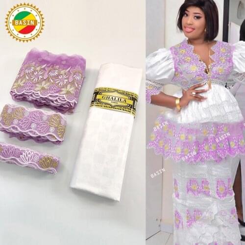 Purple 2021 High Quality Bazin Riche Fabric With Embroidery Lace Ribbon For Crafts African Daily Sewing Dresses Lace Accessories