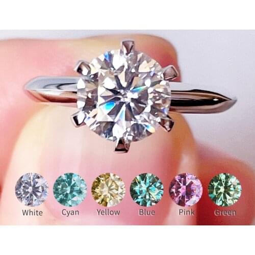 On Sale 2CT Genuine Moissanite Ring 6 Prong size 6.5MM Simple classic Diamond Rings 925 Silver for Women girls Wedding Gift
