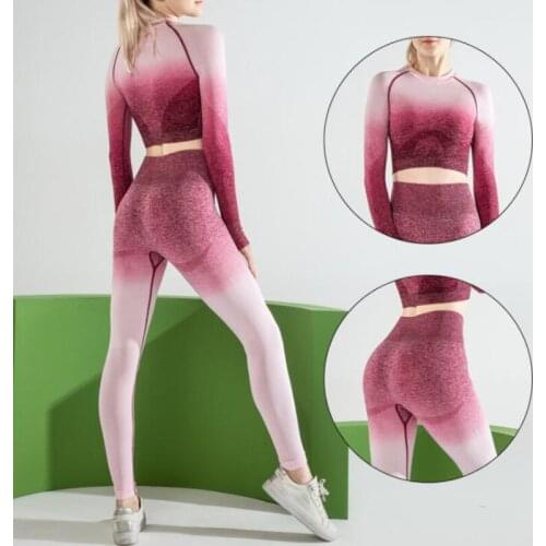 2PCS Yoga Set Women Long Sleeve Crop Tops And High Waisted Tummy Control Sport Leggings Gym Clothing Ombre Seamless Sport Suit L