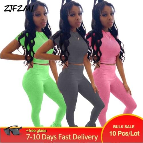 Bulk Items Wholesale Lots Neon Green 2 Piece Set Casual Women Short Sleeve O-neck Sheath T-shirt+ruched Jogger Pant Streetwear